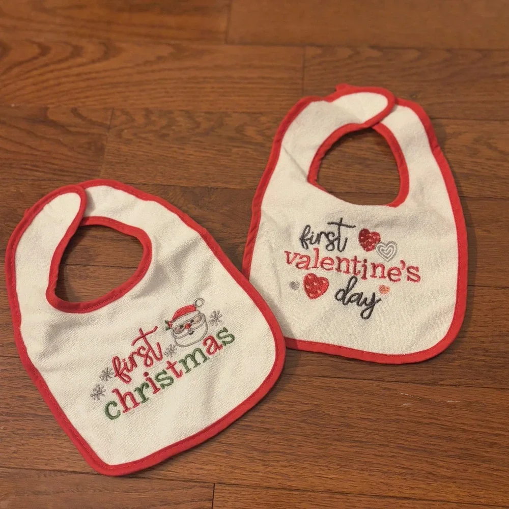Baby First Christmas First‎ Valentines Day Bibs Set Santa Hearts Red Trim